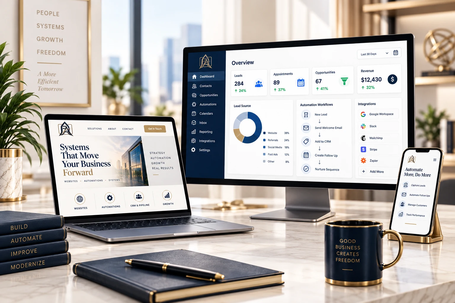 Illustrative workspace with a sample pipeline, calendar and reporting panels